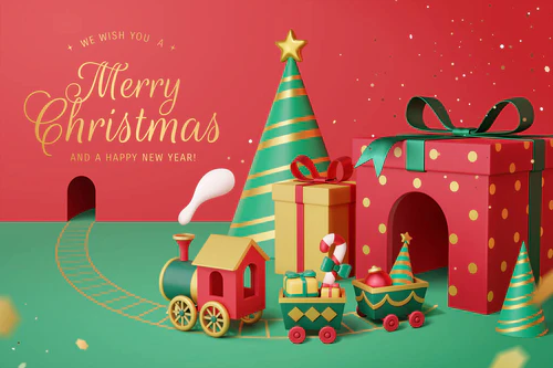 从点点红色礼品盒中通过隧道的玩具火车的3D图像。绿色圣诞晚会帽装饰成红色背边上的群山图片