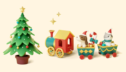 三维图中的圣诞树在罐子和玩具火车装载节日货物和动物乘客隔离黄色背景图片