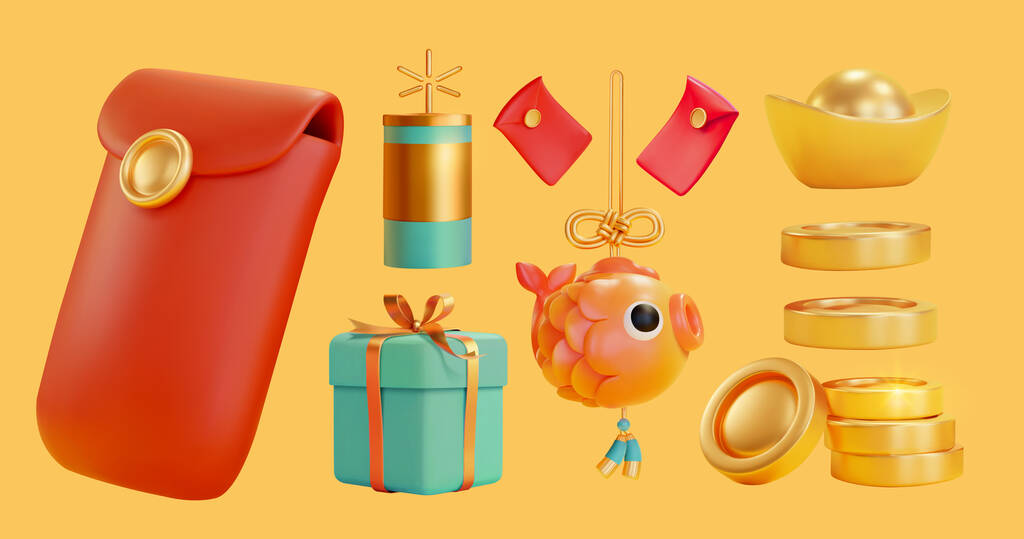 中国喜庆物品的三维图，包括红包、金鱼饰品、金锭、硬币、绿松石爆竹及礼品盒，均以黄色为背景