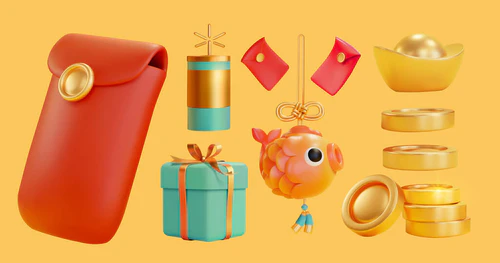 中国喜庆物品的三维图，包括红包、金鱼饰品、金锭、硬币、绿松石爆竹及礼品盒，均以黄色为背景图片