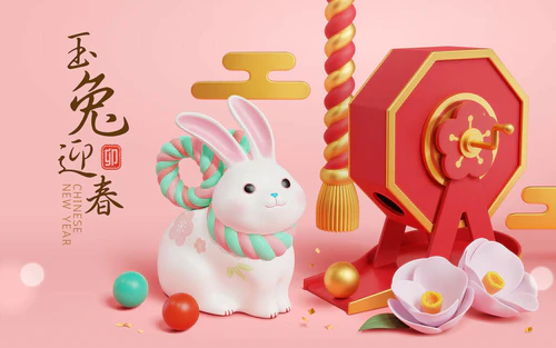 白兔坐在架子机旁边，上面挂着一根绳柄的3D图解。文字：兔子年快乐。桂苗年.图片