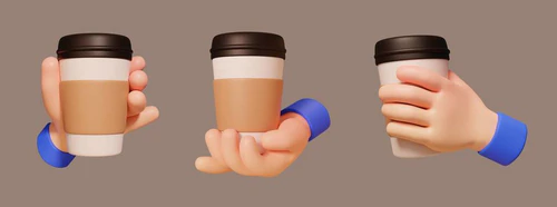 3D卡通手配咖啡杯图标集.手牵着纸杯以不同的方式。适合社交媒体或应用程序使用图片