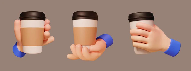 3D卡通手配咖啡杯图标集.手牵着纸杯以不同的方式。适合社交媒体或应用程序使用