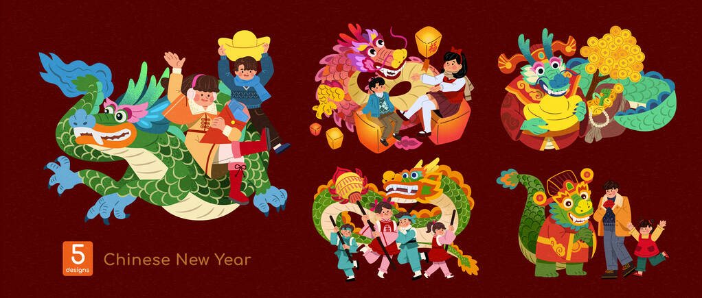 CNY龙年插图设置隔离在勃艮第红色背景。庆祝中国新年的人和龙.图片