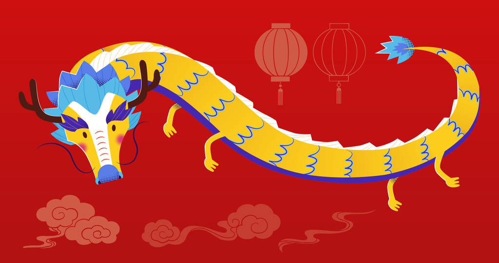 美丽的黄龙，东方云彩和灯笼CNY元素在红色背景下被隔离.
