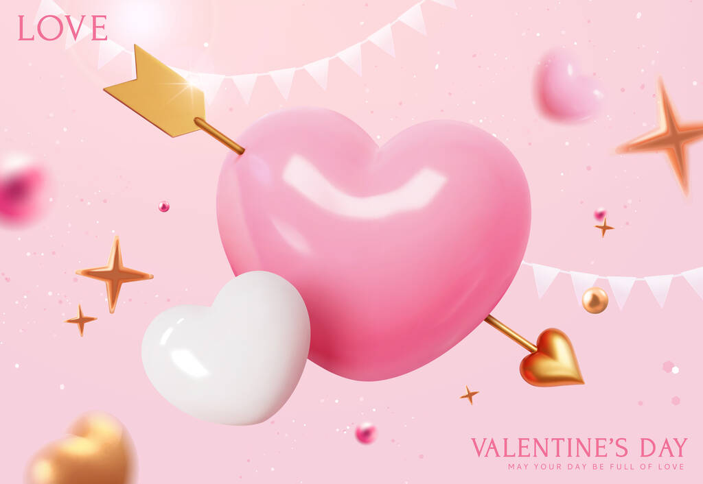 3D粉色心形，带金色箭头，背景浅粉色，心和节日装饰.图片