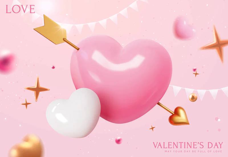 3D粉色心形，带金色箭头，背景浅粉色，心和节日装饰.