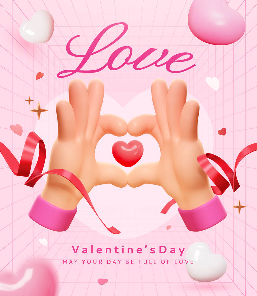 3D爱情手势情人节海报，带有节日装饰，浅粉色格子背景.图片