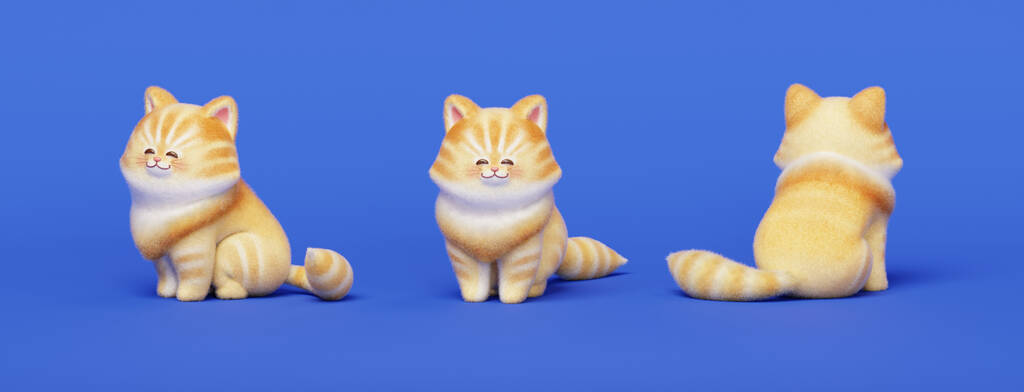 3D可爱的胖胖的猫坐在蓝色背景的不同角度上