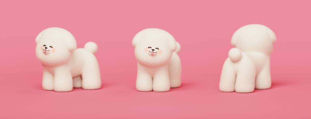 3D肥大的比雄幼犬站在粉红背景的不同角度上
