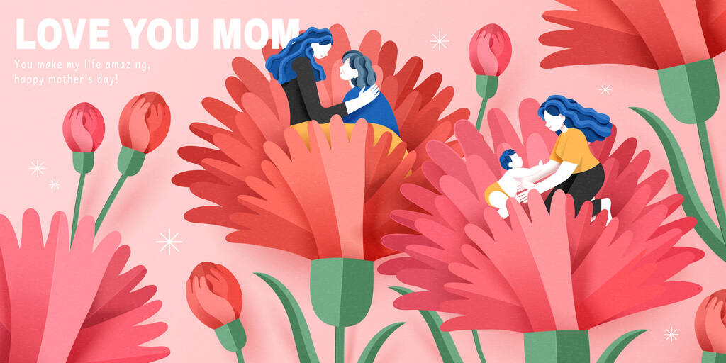 造纸艺术母亲节卡片。粉红背景的康乃馨花中的母亲和女儿的相互作用.