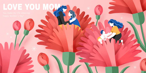 造纸艺术母亲节卡片。粉红背景的康乃馨花中的母亲和女儿的相互作用.图片