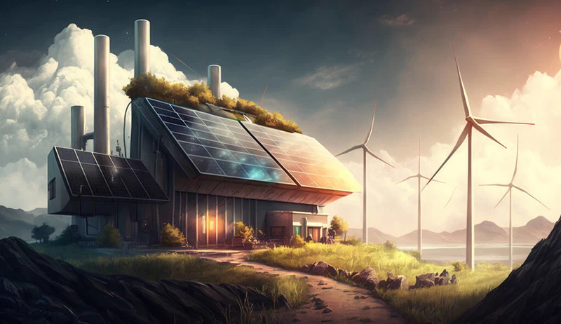 带有风力涡轮机、太阳能电池板、花园和气候的房屋的3D说明