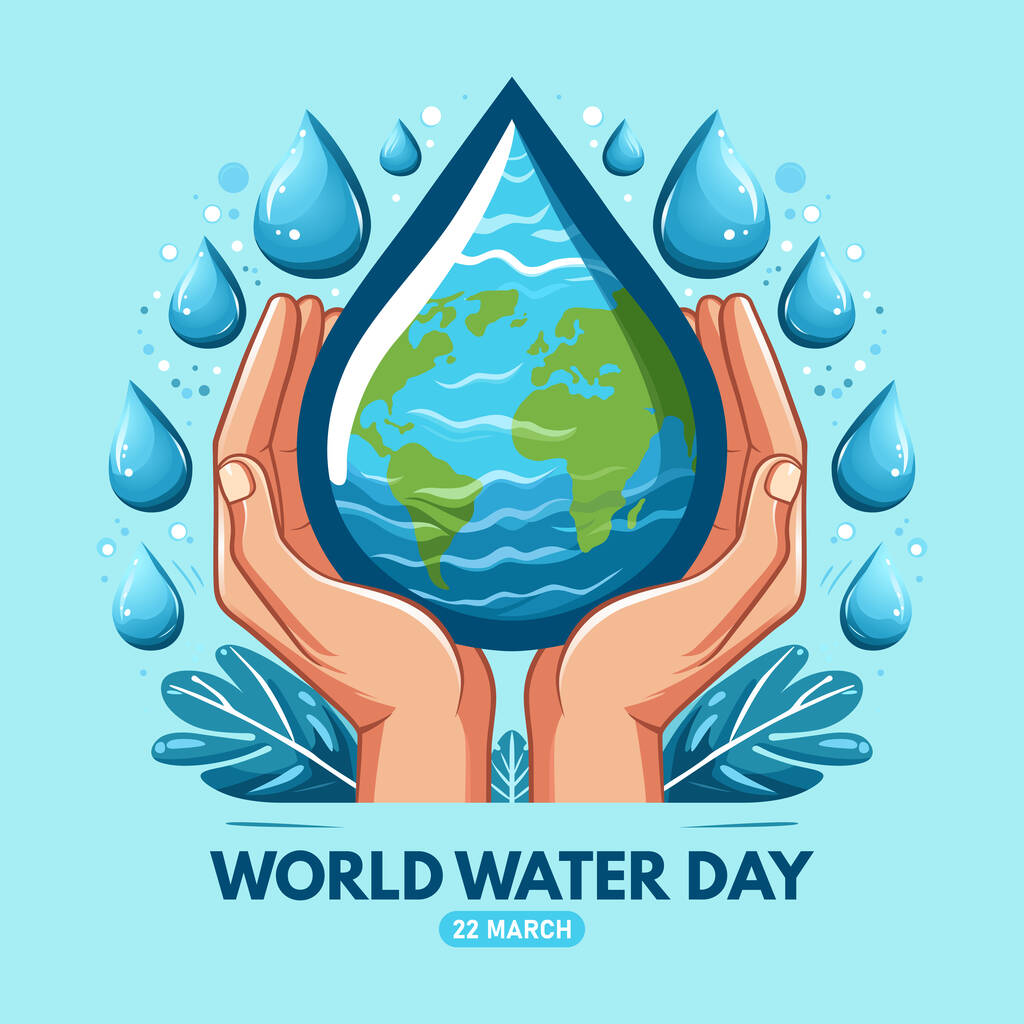 世界水日的概念与手牵着水滴.矢量说明.图片