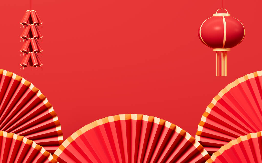 春节主题场景,红扇爆竹, 3D渲染.数字绘图.
