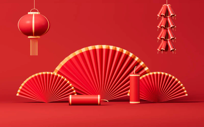 春节主题场景,红扇爆竹, 3D渲染.数字绘图.