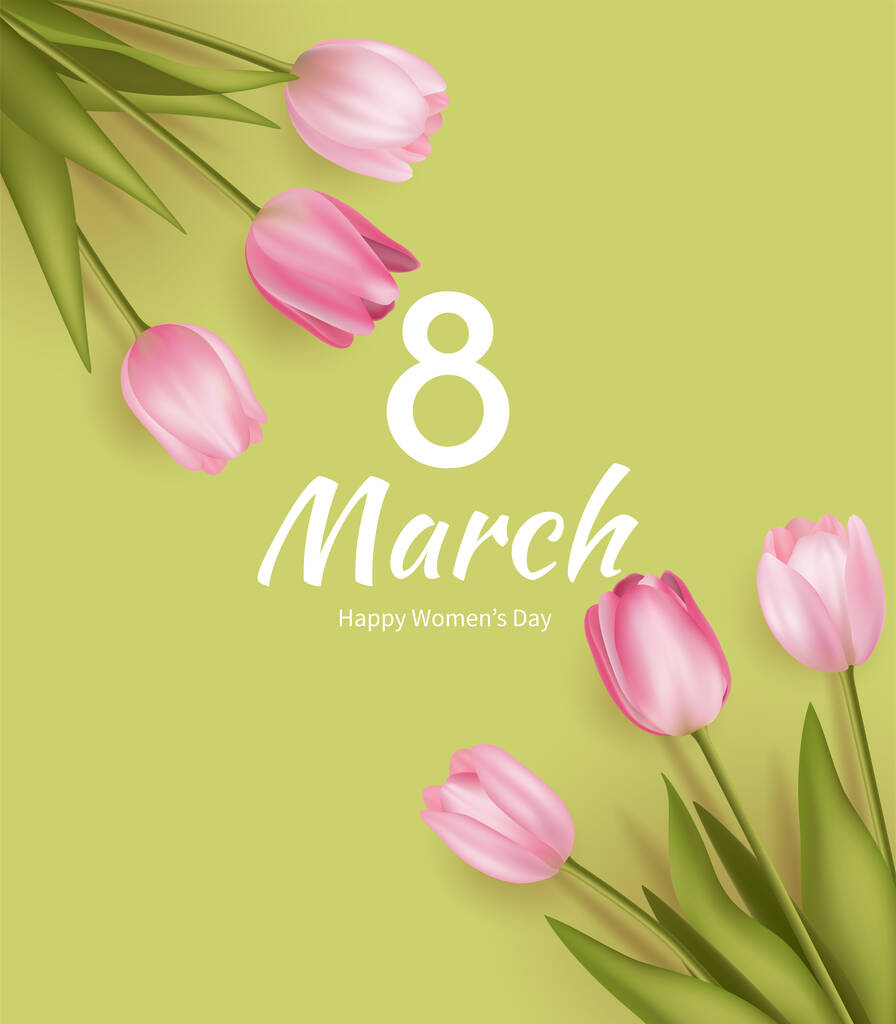  3月8日，以粉红现实的郁金香花束为背景的问候横幅。海报、传单、贺卡、网站标题矢量图解。广告、网络、社交媒体绿色模板.