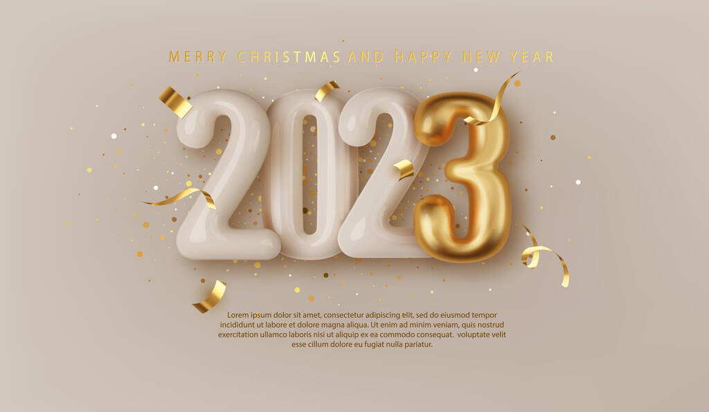 2023 3D写实主义金色和白色光泽数字。新年快乐，圣诞快乐2023年。问候卡。矢量3d渲染.