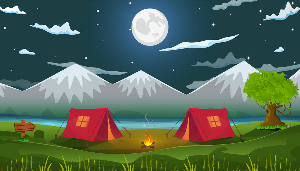 Night natural cartoon background camping scene with two tents, fire, lake, mountains with trees and night sky cartoon vector illustration.