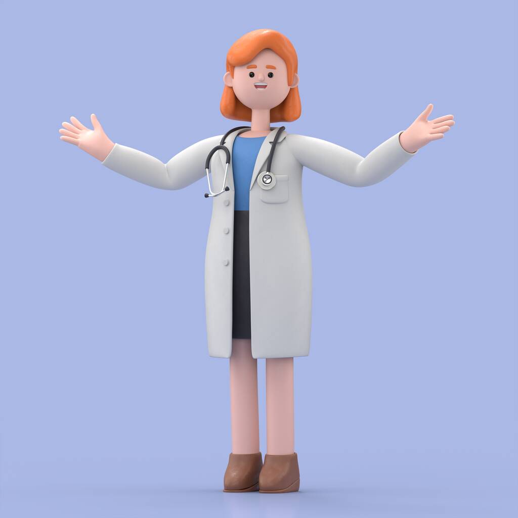 《新星女医生》的3D插图展示了迷人的姿态。快乐的职业白人男性专家。蓝色背景下孤立的医学演示夹艺术