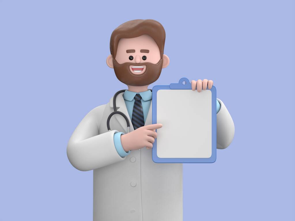 男医生艾弗森的3D插图带着空白的蓝色剪贴板。健康保险。专业治疗师，医院助理。医学演示夹艺术在蓝色背景下被隔离.图片