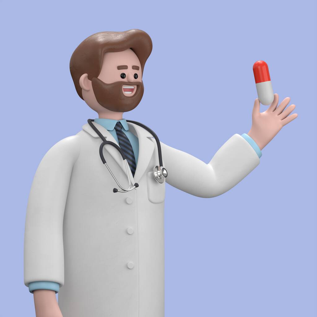 男医生艾弗森持有避孕药的3D图像。药物咨询。在蓝色背景下隔离的医疗演示夹艺术.图片