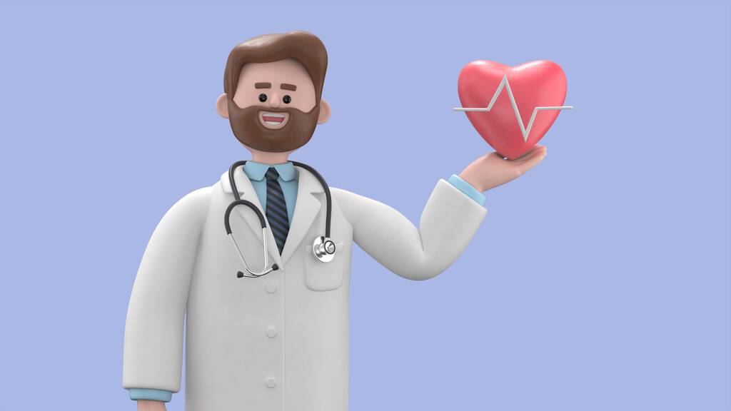 男医生艾弗森的3D图像。心脏科医生表现出红心符号.医学应用概念医学演示夹艺术在蓝色背景下分离.