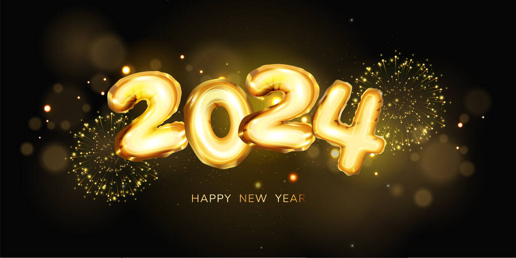 新年烟火和金色号码2024背景。庆祝新年前夕。祝您圣诞快乐和新年快乐的横幅或贺卡。矢量说明.